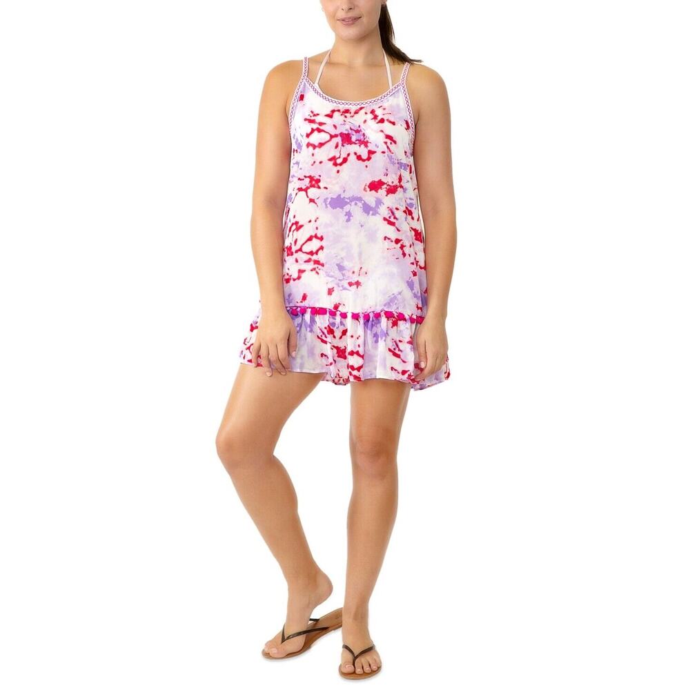 Miken Juniors Drop Waist Tie Dye Printed Pom Pom Swim Cover Up Violet Size XL